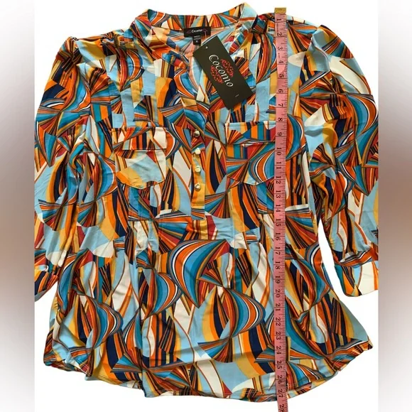 COCOMO XL 3/4 sleeve blue orange multicolored women’s pintuck Blouse top… - Picture 10 of 14